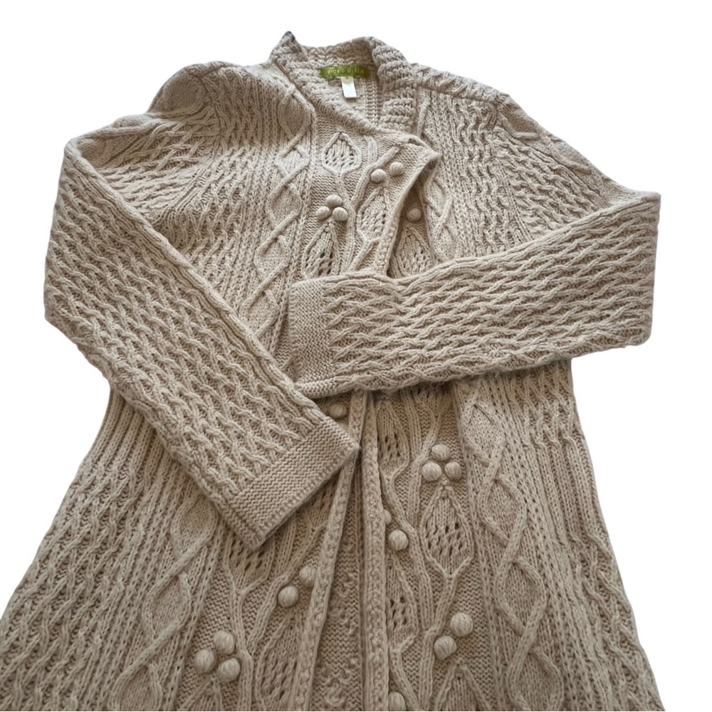 Sigrid Olsen Longline Wool Blend Sweater Duster Cardigan fisherman Cream M - Picture 3 of 11